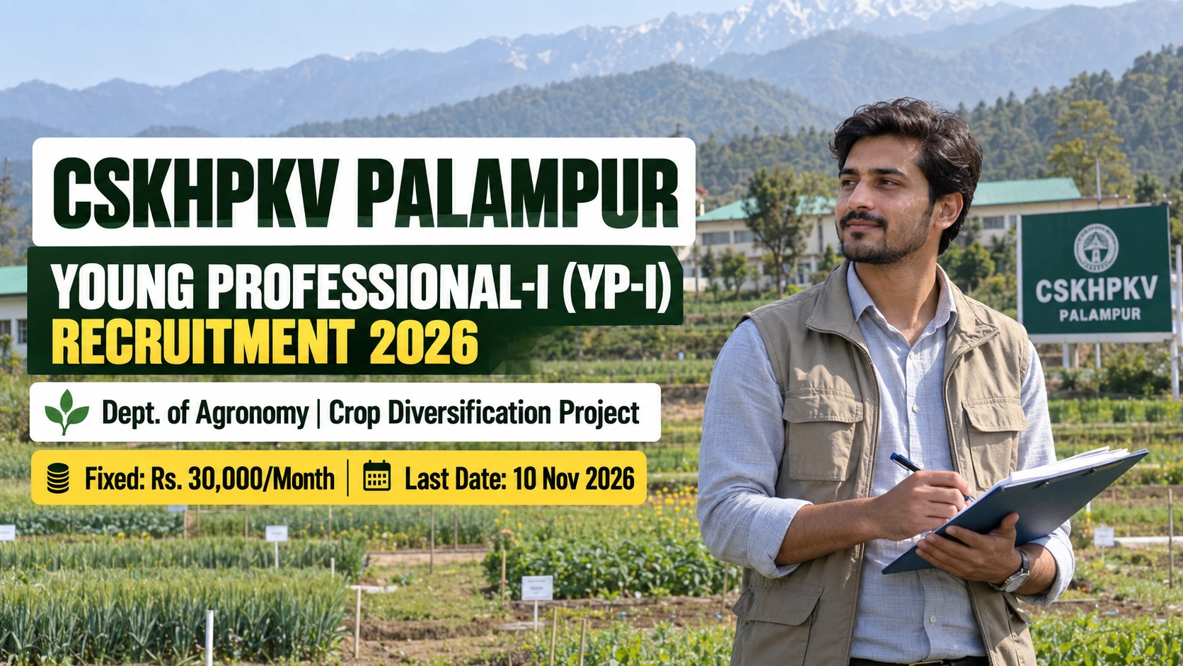 CSKHPKV Palampur Young Professional Recruitment 2026: Apply for YP-I Post