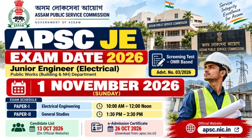 APSC Junior Engineer Exam Date 2026 Out Check Exam Schedule