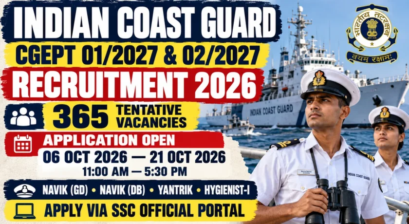 Indian Coast Guard Recruitment 2026, Apply Online for CGEPT 01/2027 & 02/2027